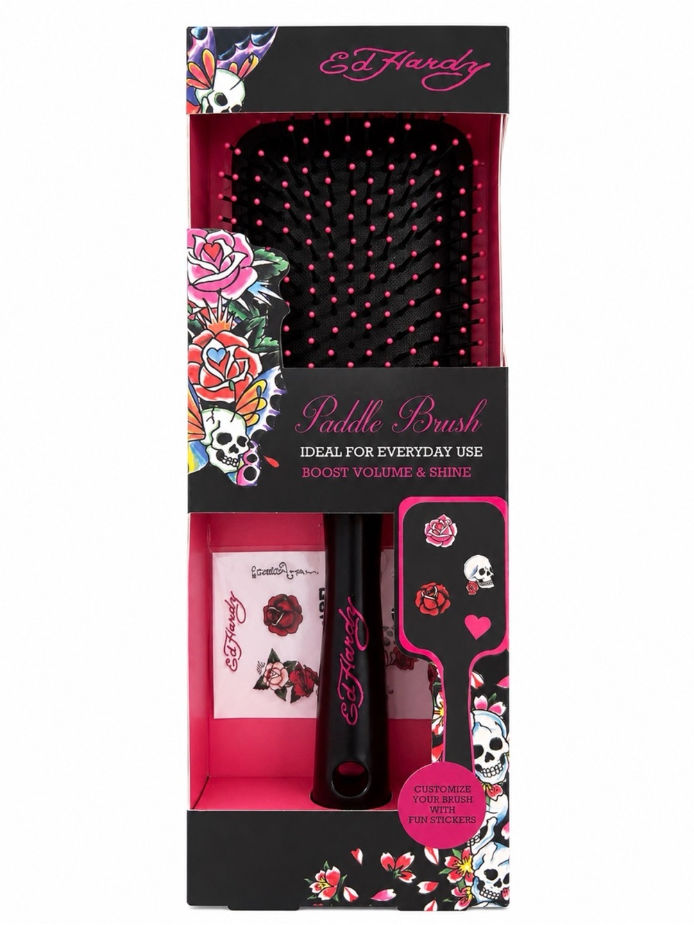 Ed Hardy Paddle Hair Brush NIB w/ Custom Sticker Sheet Black Pink Skull Rose - Picture 1 of 3